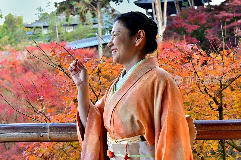 京都Tofuku-ji，穿着和服和秋叶的日本女人