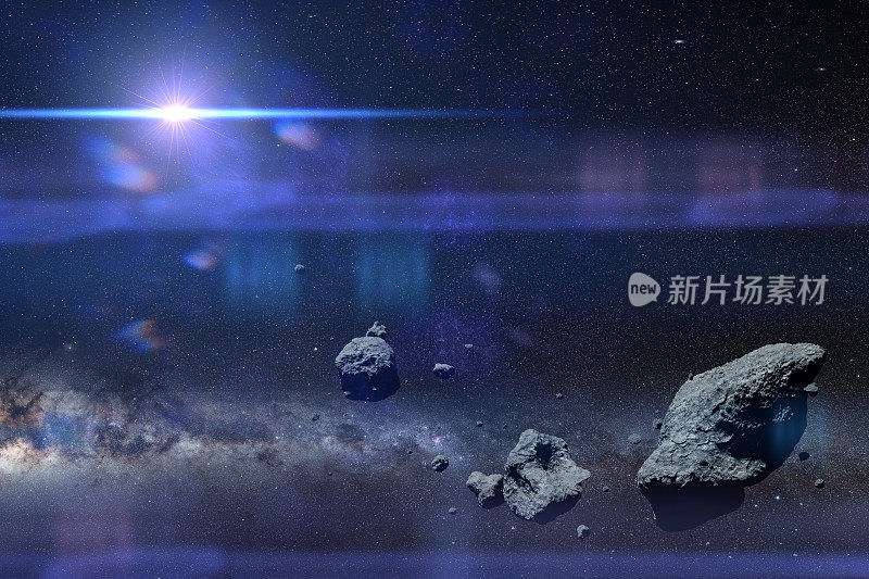 银河系和太阳前面的一群小行星(3d空间插图，图像元素由美国宇航局提供)