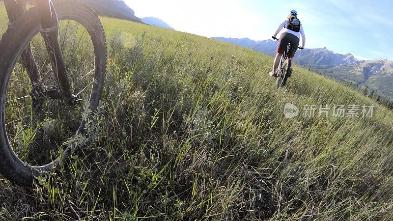 山地电动自行车穿过草地
