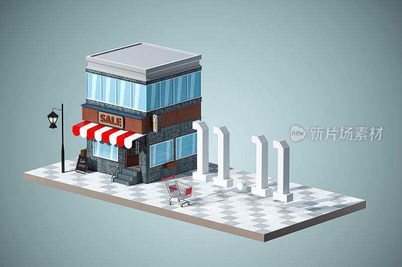 卡通商店，现代商店建筑，3d渲染。