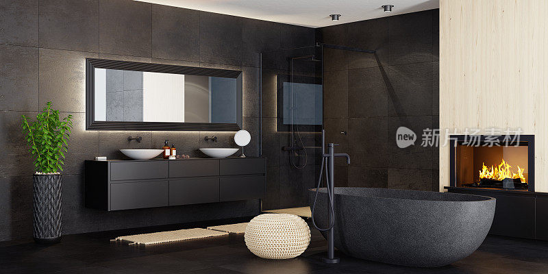 带有壁炉的现代极简主义浴室