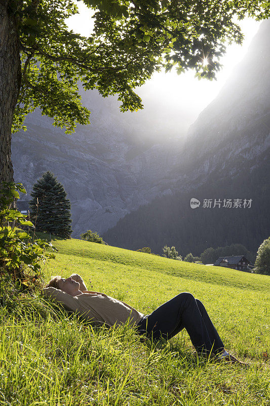 年轻人在绿草如茵的草地上，在茂密的树下休息