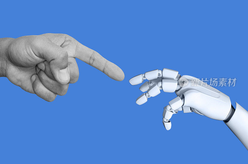 人类的手触摸机器人的手。人工智能。仿生手臂的海报。未来的技术和商业。插图商人和机器人握手