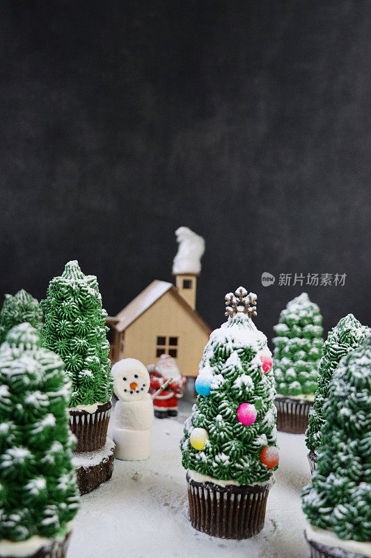 图像批量自制，圣诞树设计的巧克力纸杯蛋糕在纸杯蛋糕盒展示在下雪，夜间针叶林场景，模型房子与圣诞老人和棉花糖雪人，复制空间