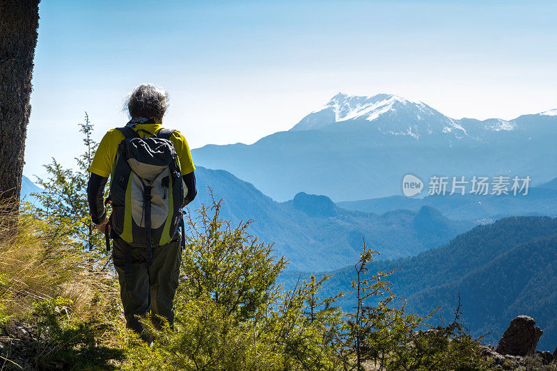 背包客在高海拔徒步旅行，敬畏地看着雪山