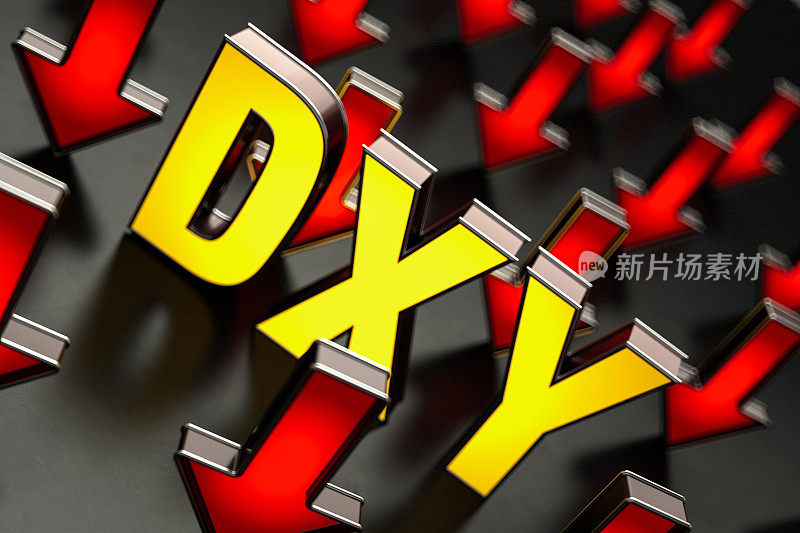 DXY美元货币指数霓虹灯标志与红色向下箭头