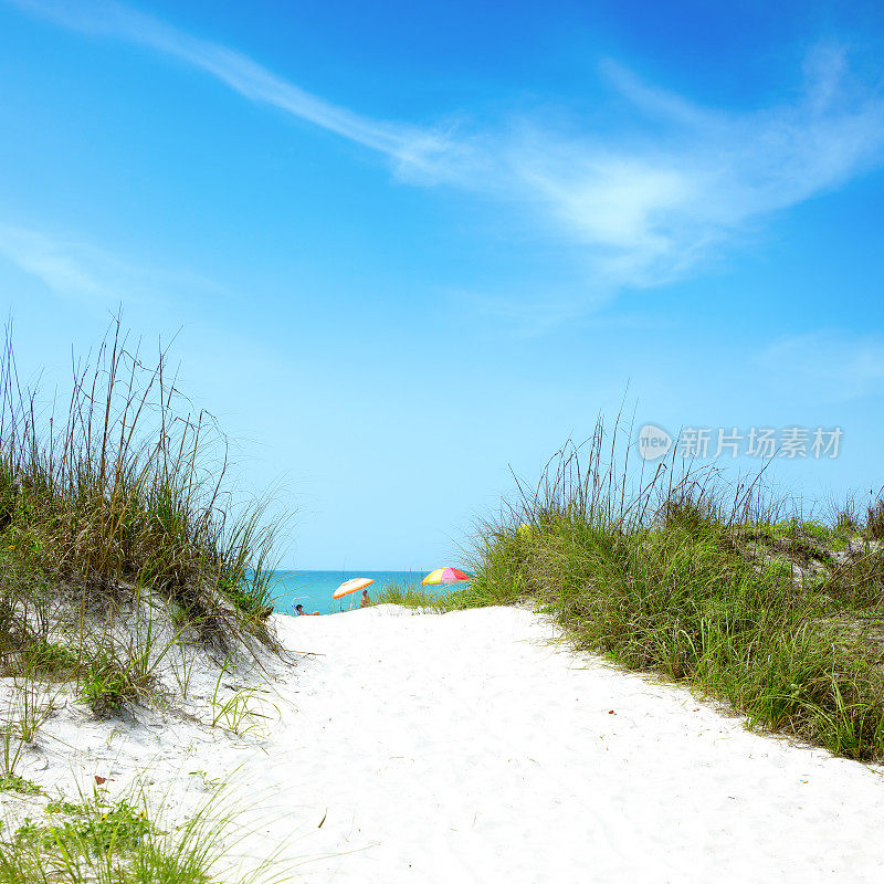 热带海岛沙滩的白色沙滩步道和阳光明媚的蓝天上的人们