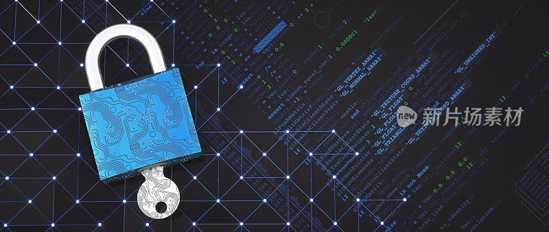 一个抽象的安防系统设计概念，用一个蓝色金属电路板挂锁带钥匙，在一个网格图案的表面上用数据和编程语言编写代码。