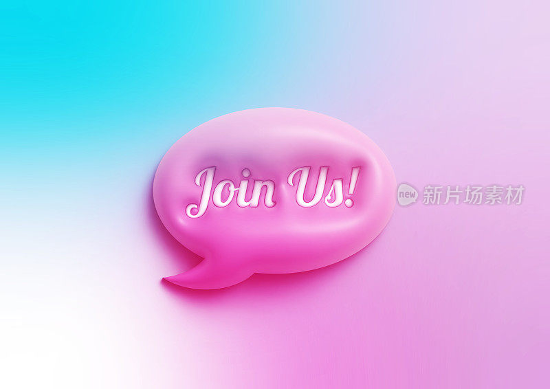 加入我们写圆形粉色演讲气泡坐在彩色背景