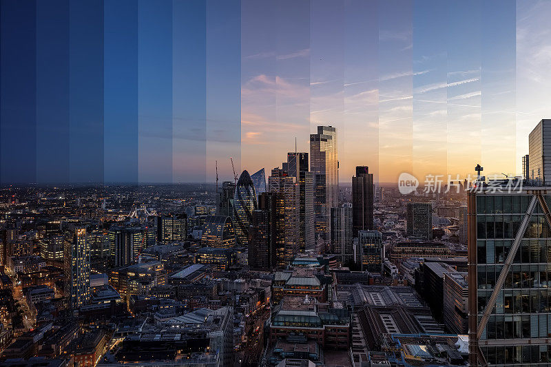 概念性的从白天到夜晚的时间推移的观点在伦敦金融城的摩天大楼