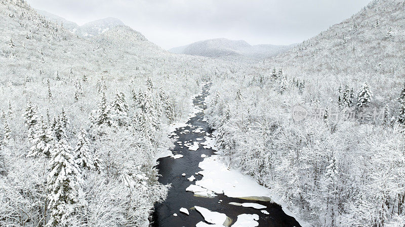 加拿大魁北克，暴风雪后冬季北方自然森林和河流的鸟瞰图