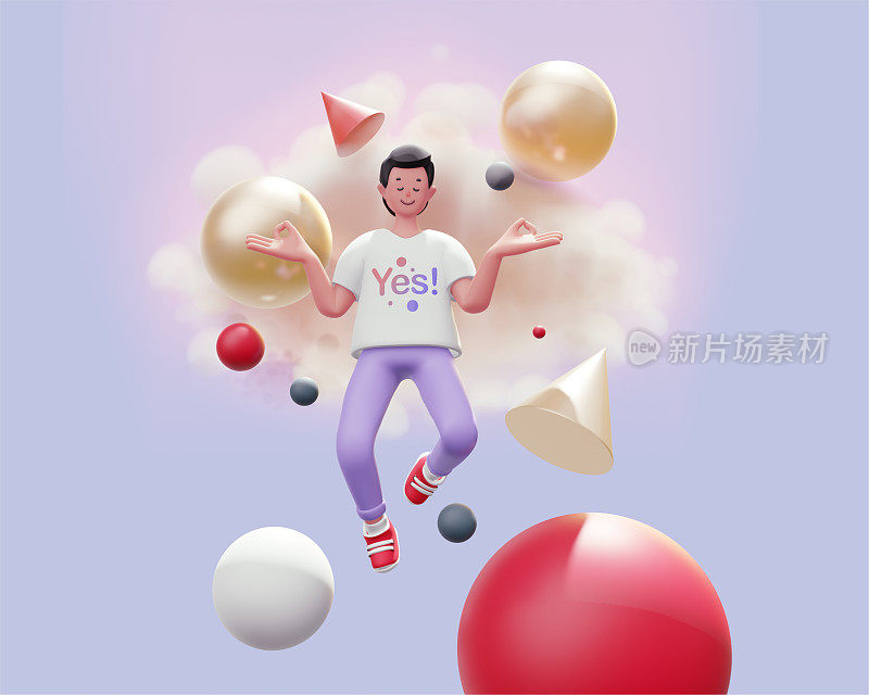 三维插图的快乐的人放松在云上彩色背景与抽象球。三维渲染设计冥想人的性格