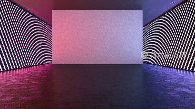 抽象的房间与一个空的白色墙壁和彩色霓虹灯