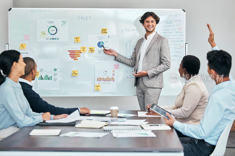 商务教练在白板上展示市场营销或财务预算报告、会计统计数据或销售图表。领导和导师与不同的同事讨论公司的发展战略。