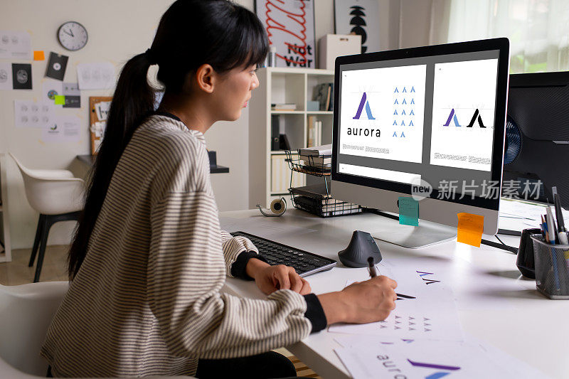 在办公室工作的亚洲平面设计师。设计标志艺术家创意设计师插画平面技能概念。