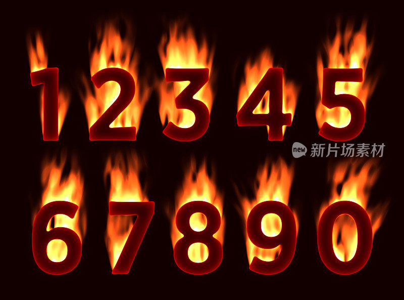 火的字体。火灾中的数字。字母用火。