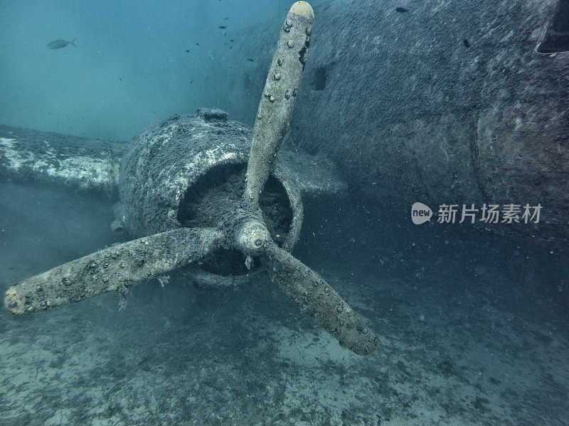 被淹没和毁坏的螺旋桨飞机在地中海，卡斯，土耳其