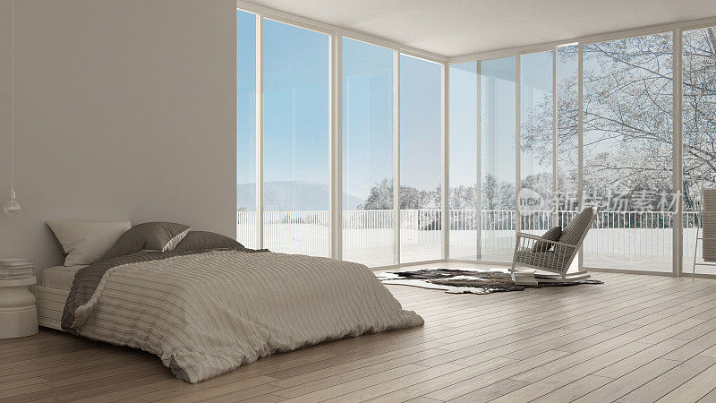 经典的卧室，简约的白色室内设计，大窗户
