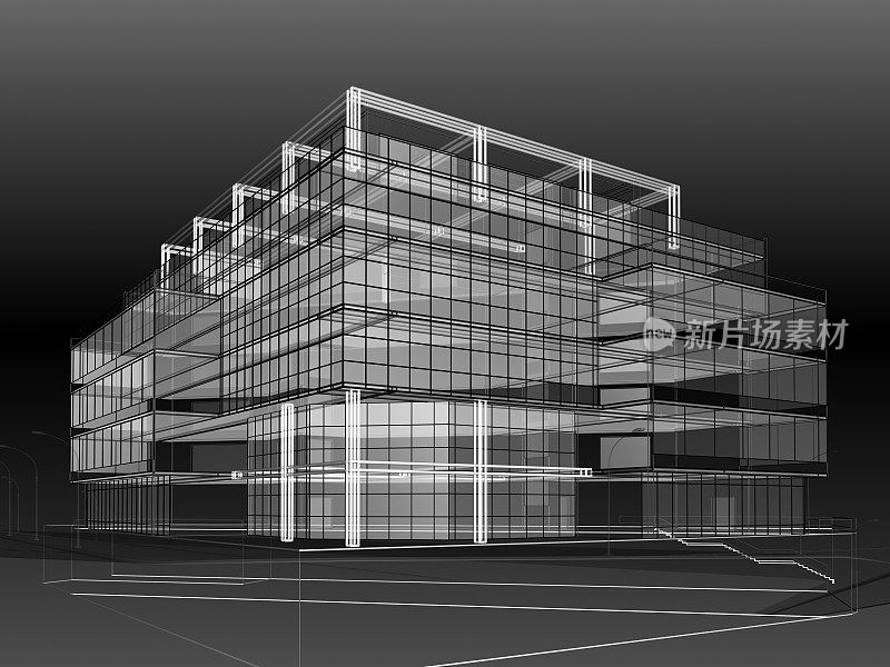 高分辨率三维渲染的当代建筑在线框布局。