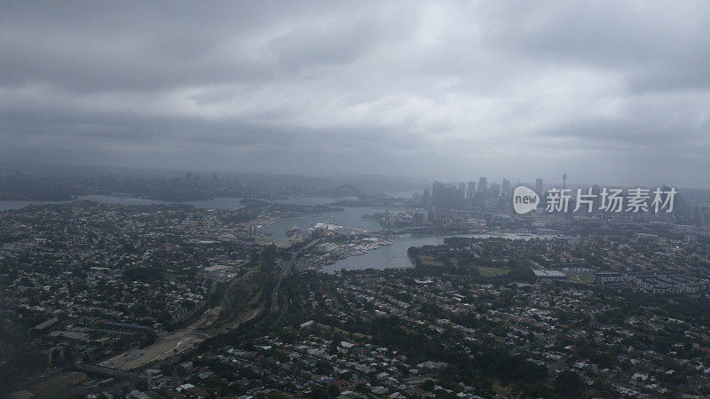 鸟瞰图悉尼CBD，澳新军团和海港大桥4k