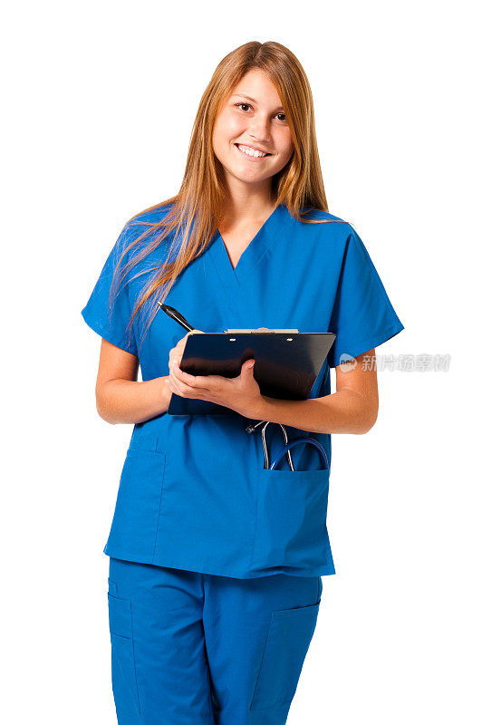 年轻女医生护士与剪贴板隔离在白色背景