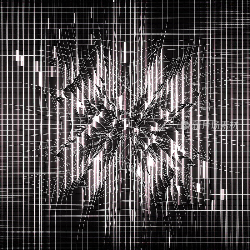 黑色的抽象背景。神经网络矩阵。发光的线。未来的设计。扰动的空间。网格畸变。爆炸的灯。插图