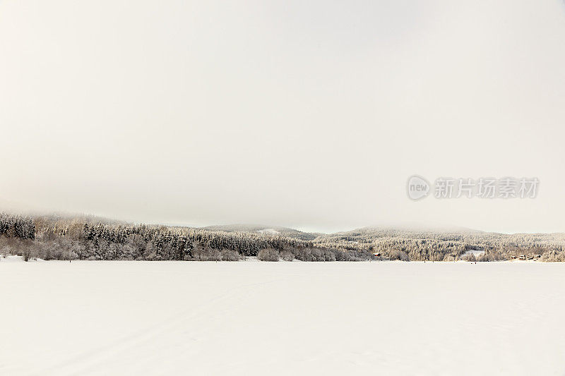 冬天，湖面被雪覆盖。