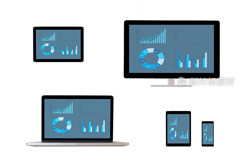 台式电脑、智能手机、平板电脑和带有信息图表屏幕的笔记本电脑