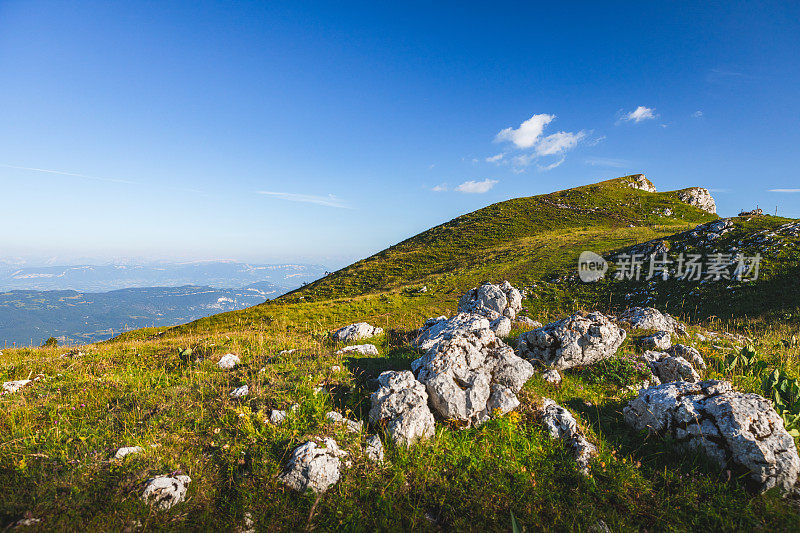 地面水平的观点美丽的法国牧场在大Colombier山在Ain部门与一些岩石模糊的前景