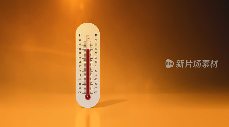 极端热浪和高温概念-温度计在橙色的天空背景