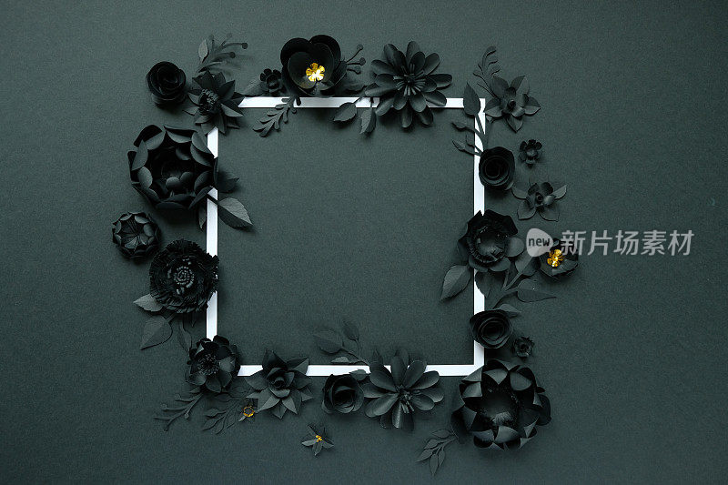 黑色纸花，花背景，新娘花束，婚礼，鹅毛，方形相框