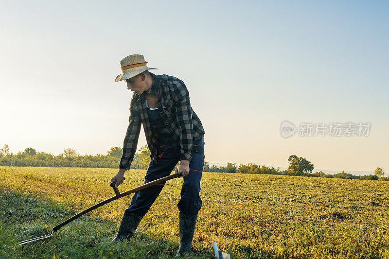 乡村自然的乡村男子在夏季的草地上用经典的镰刀割草