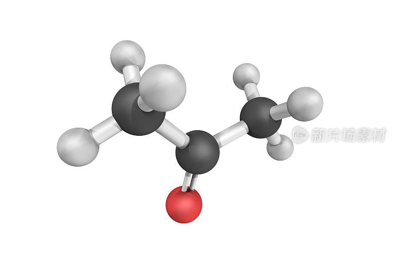 丙酮(系统命名为2-丙酮)的三维结构，是一种无色、挥发性、可燃液体，也是最简单的酮。丙酮与水可混溶，是一种重要的溶剂