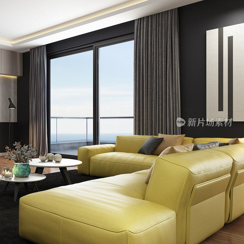 金色的真皮沙发在豪华黑暗的室内客厅与现代极简主义意大利风格的开放式空间厨房