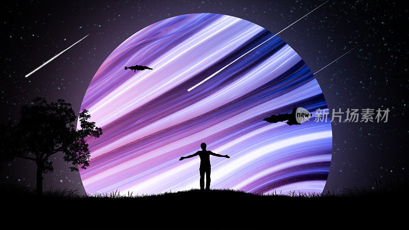 一个人在夜晚的户外，双手分开，高举到空中，背景是星空中的宇宙飞船和一个美丽的发光的霓虹行星。