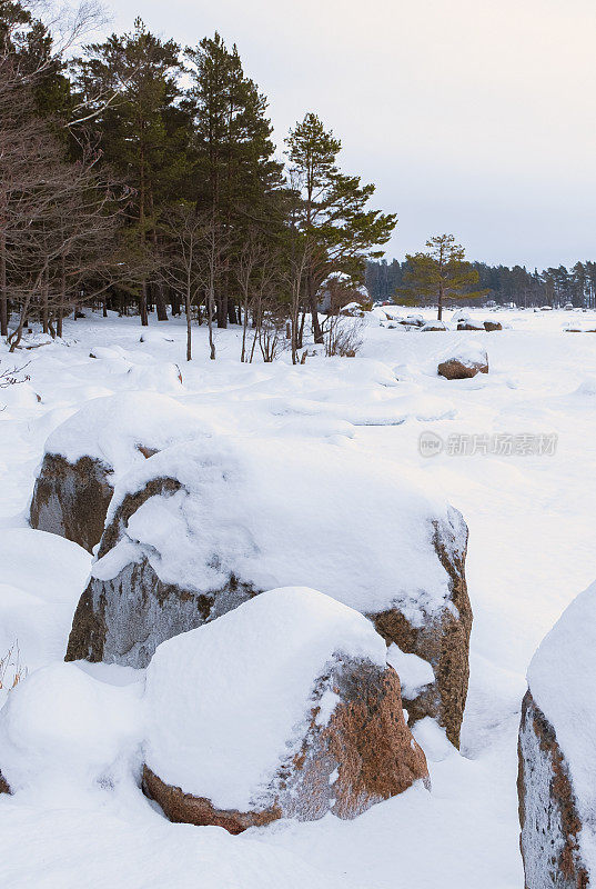 冬季，北方自然海景。海湾的海岸线被冰和巨大的花岗岩块所覆盖。