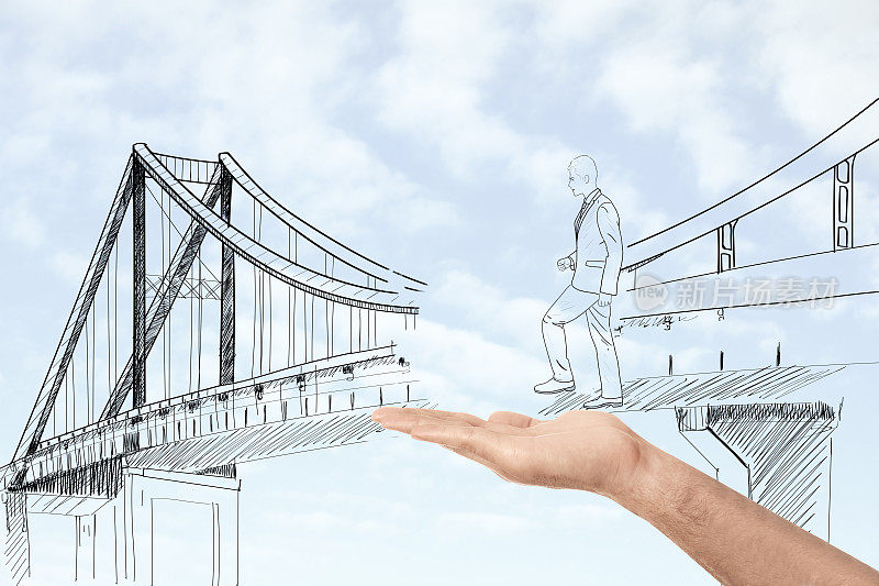 男人拉着手帮助画商人穿过未完工的桥，插图。支持合作理念