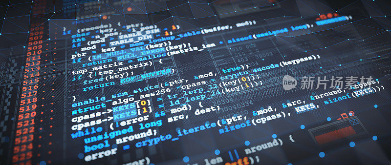 多色编程语言源代码设计实例。特写倾斜的构图，在深蓝色的表面上覆盖三角形网格图案和GUI。