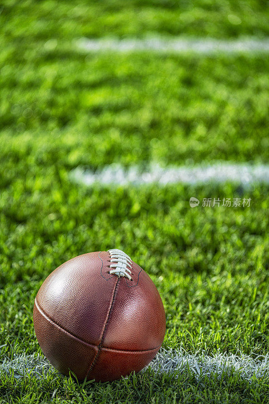 一个美国橄榄球的特写，它坐在白色的院子线上，上面有叉痕