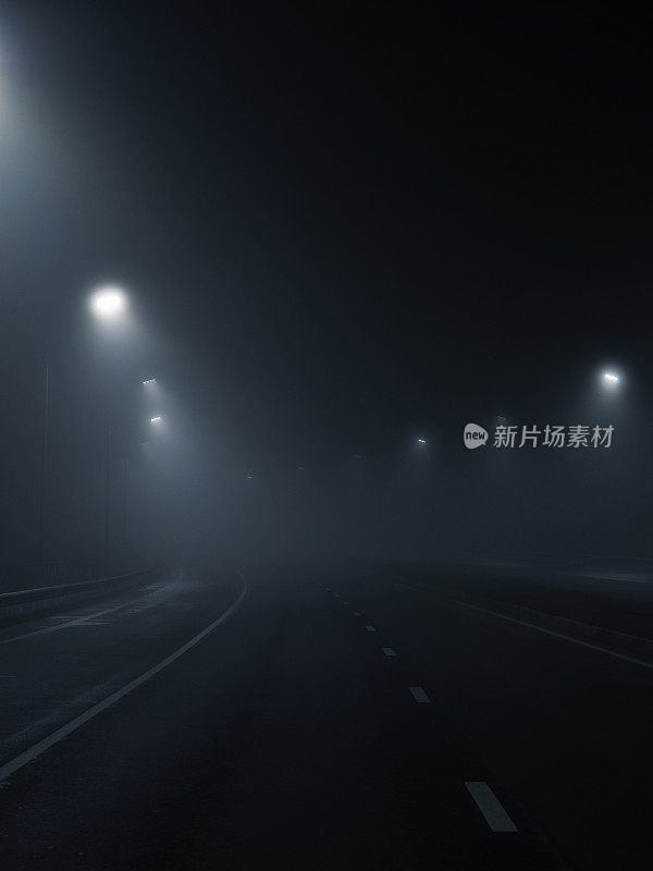 雾蒙蒙的道路。路灯照亮的夜间高速公路