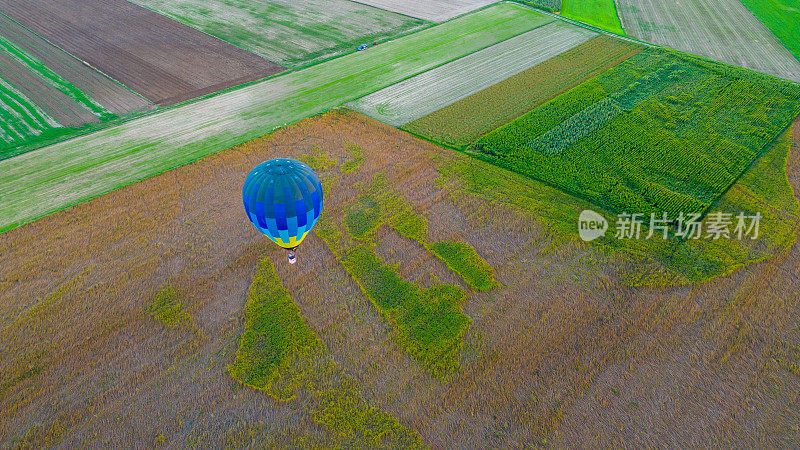 高空鸟瞰图热气球在傍晚飞过一片农田，高角度拍摄