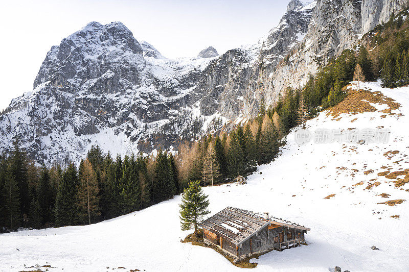 德国贝希特斯加登山区冬季森林环绕的木屋
