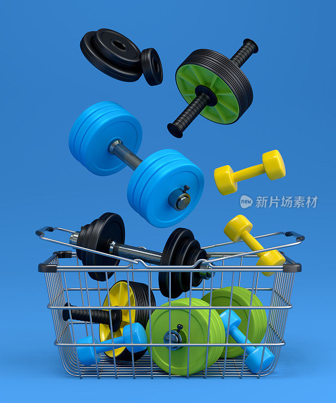 健身运动器材，健身房购物篮蓝色