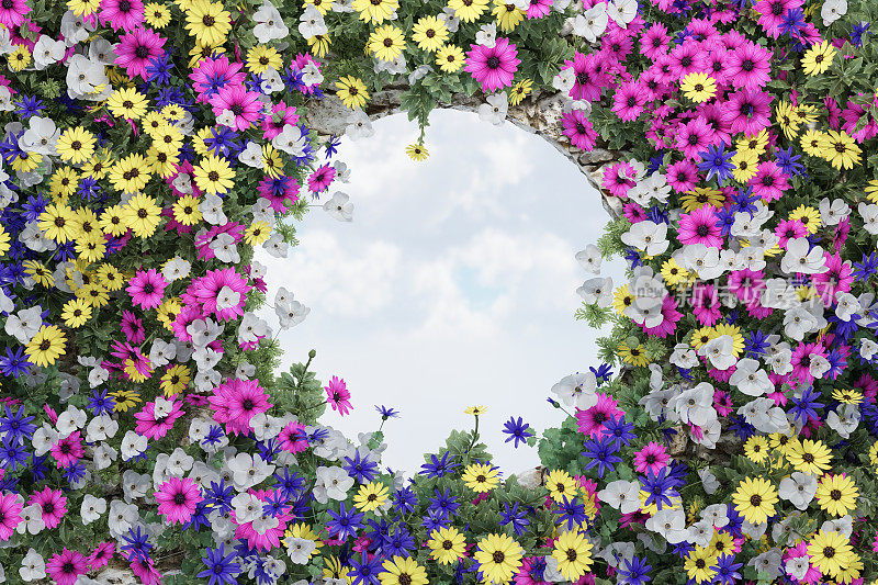 3d渲染春景和自然美背景，五彩缤纷的花草地围绕圆形框架，背景天空和云用于产品展示，广告等