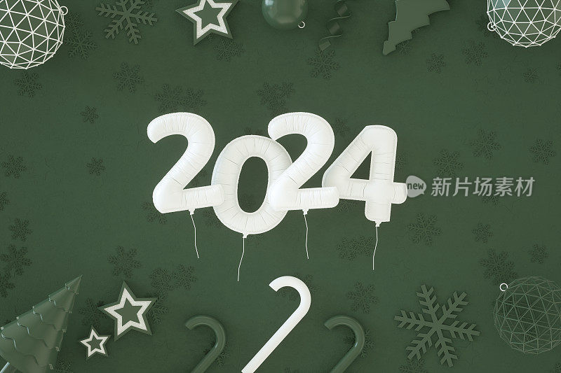 绿色背景上的2024年新年气球和圣诞装饰品。