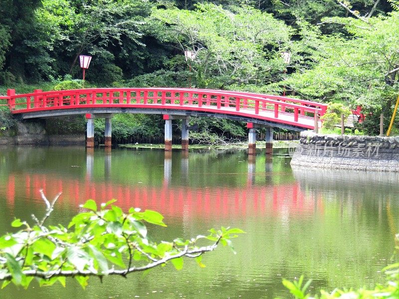 日本。7月。公园里有红桥的池塘。