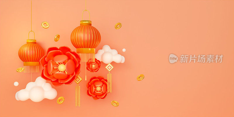 中国新年。传统节日农历新年，春节设计。红色的背景。中国的节日。3D渲染插图。