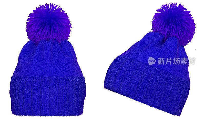 蓝色针织冬季泡泡帽。手工羊毛帽与绒球在顶部