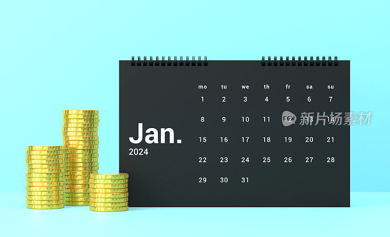 金币和2024年1月日历蓝色背景