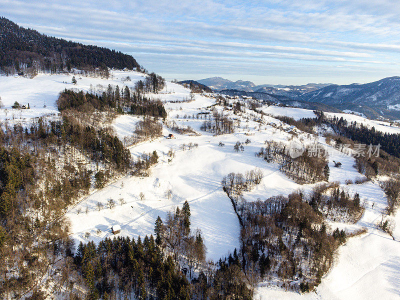 空中冬季景观，白雪覆盖的山坡和树木，在晴朗的天空下